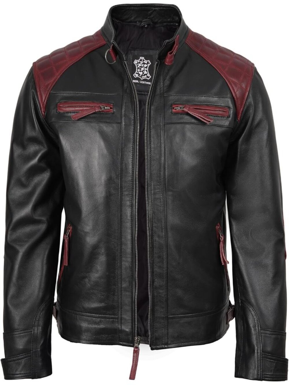 Men’s Genuine Lambskin Leather Cafe Racer Motorcycle Jacket-Rollins - Black
